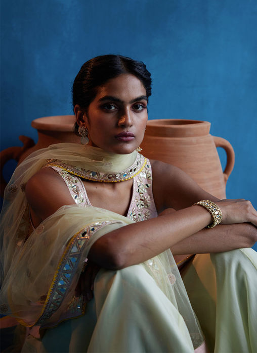 Lemon Yellow Sharara With Peach Kurta