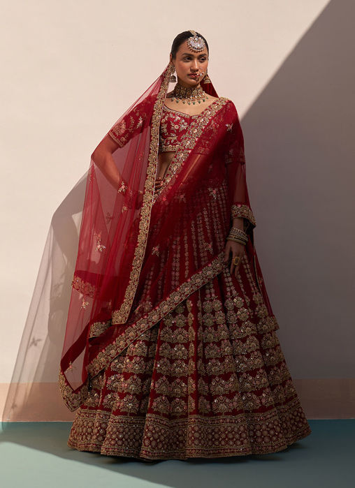 Picture of Maroon Double Dupatta Lehenga Set