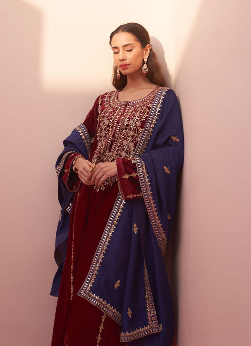 Maroon Velvet Choga Set