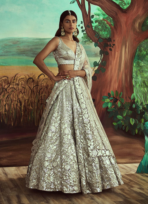 Picture of Metallic Silver Sequins and Leather Lehenga Set