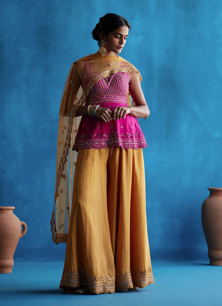 Picture of Mustard Sharara Set With Rani Pink Peplum