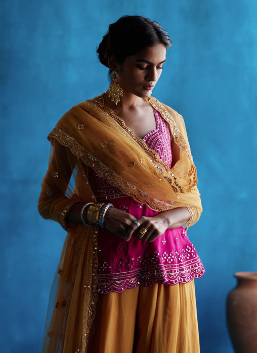 Mustard Sharara Set With Rani Pink Peplum