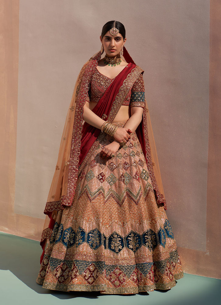 Picture of Nude Raw Silk Double Dupatta Lehenga Set