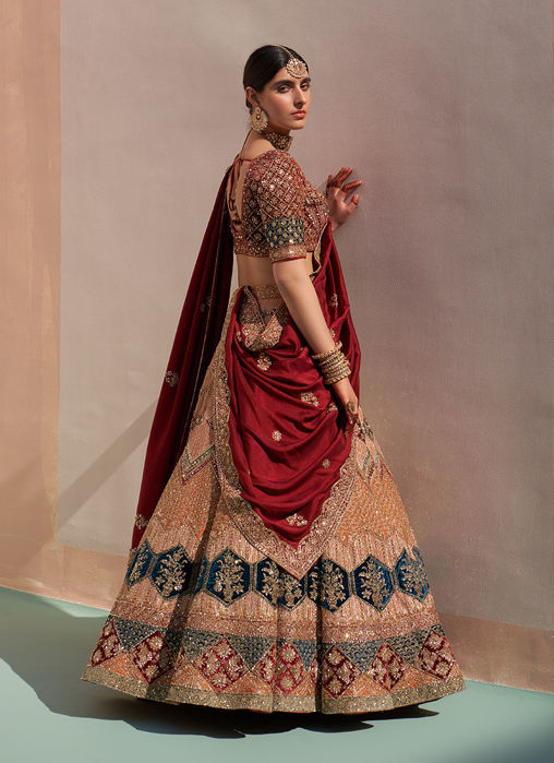 Nude Raw Silk Double Dupatta Lehenga Set