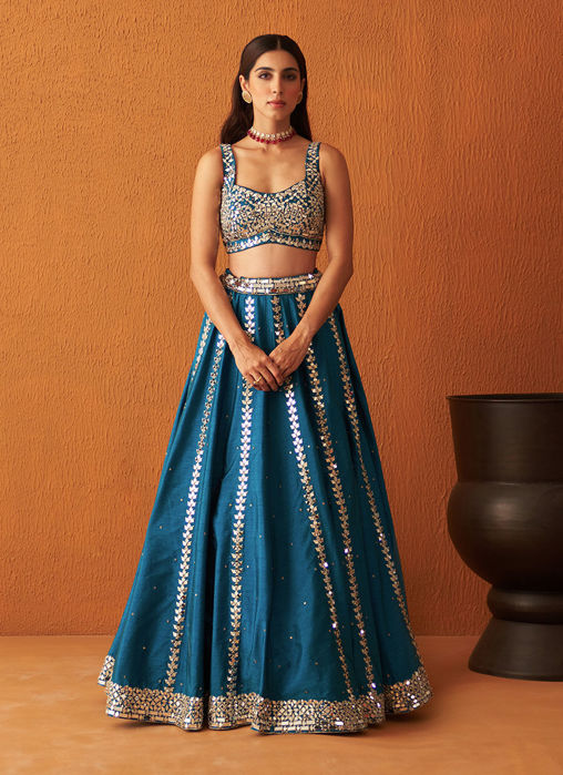 Picture of Peacock Blue Raw Silk Lehnga Set