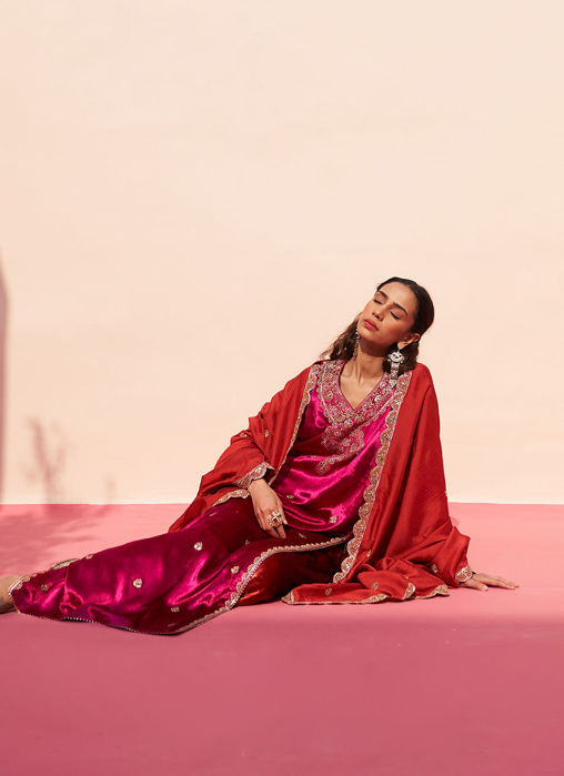 Rani Pink Velvet Kurta Set