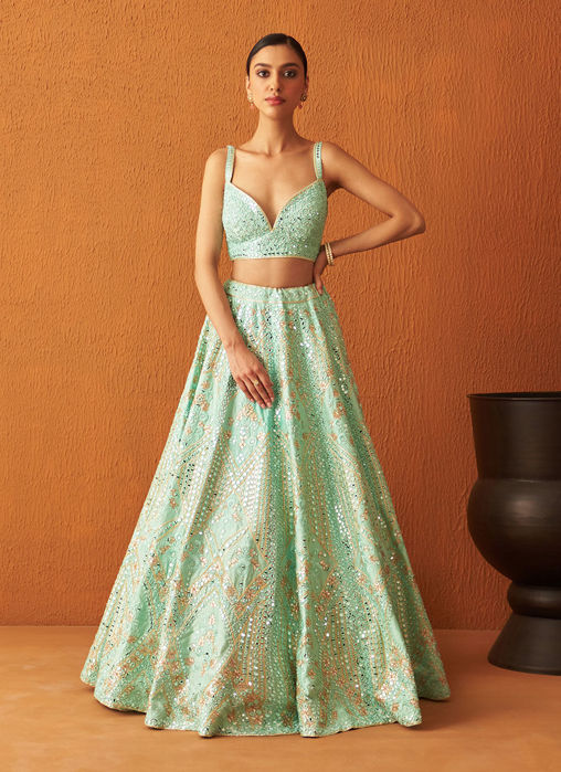 Picture of Sea Green Raw Silk Lehnga Set