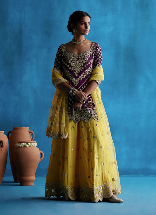 Picture of Yellow Sharara Set With Wine  Kurta Set