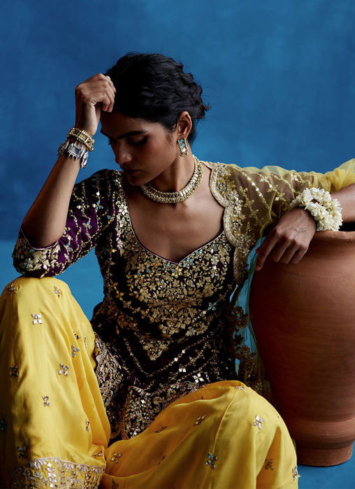 Yellow Sharara Set With Wine  Kurta Set