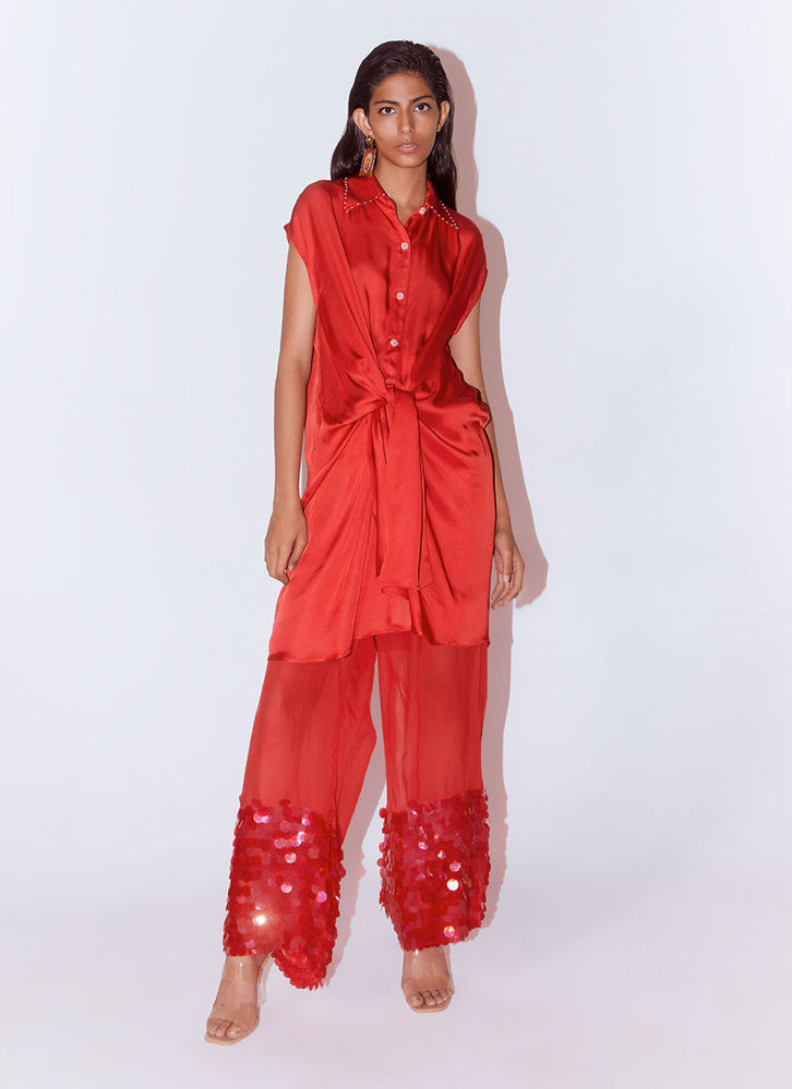 Picture of Aspen Organza Embroidered Trousers (Red)