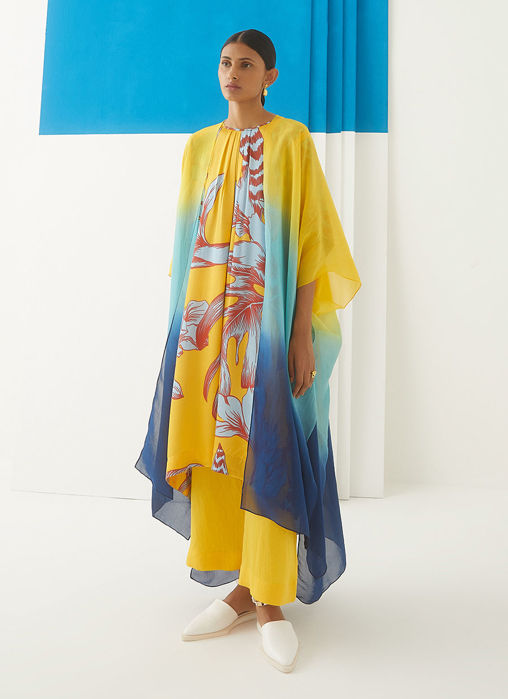 Picture of Leheriya Organza Cape (Yellow/Blue/Dark Blue Ombre)