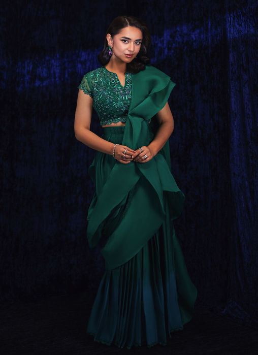 Picture of Yumna Emerald Pre-Draped Lehnga Saree