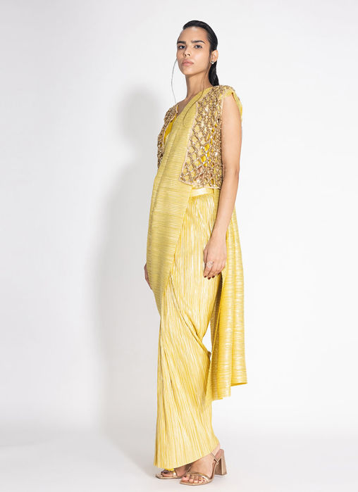 Metallic 2.0 Sari with Vik Blouse and Cropped Honeycomb Jacket