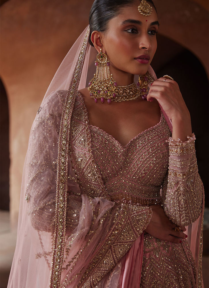 Picture of ROSE PINK NET LEHENGA CHOLI SET