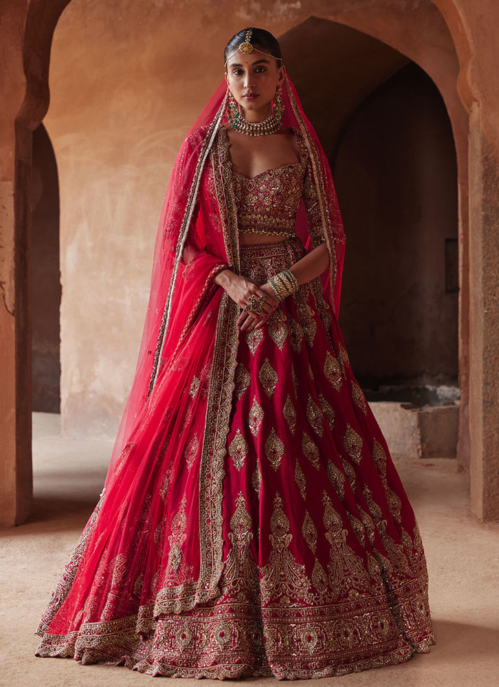 Picture of CARDINAL RED RAW SILK LEHENGA CHOLI SET