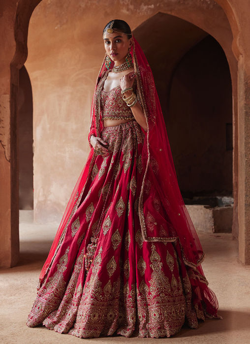 CARDINAL RED RAW SILK LEHENGA CHOLI SET