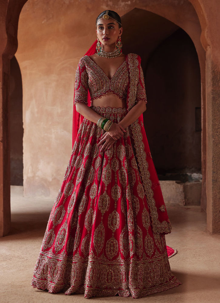 Picture of SCARLET RED RAW SILK LEHENGA CHOLI SET