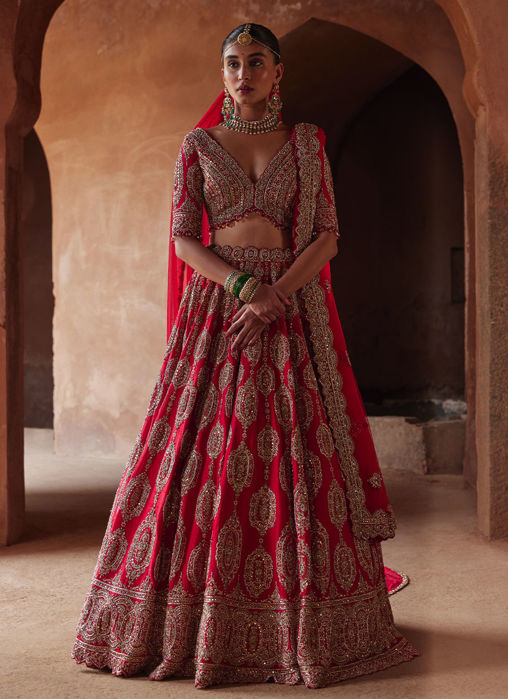 Picture of SCARLET RED RAW SILK LEHENGA CHOLI SET