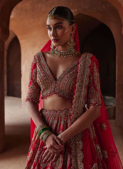 SCARLET RED RAW SILK LEHENGA CHOLI SET