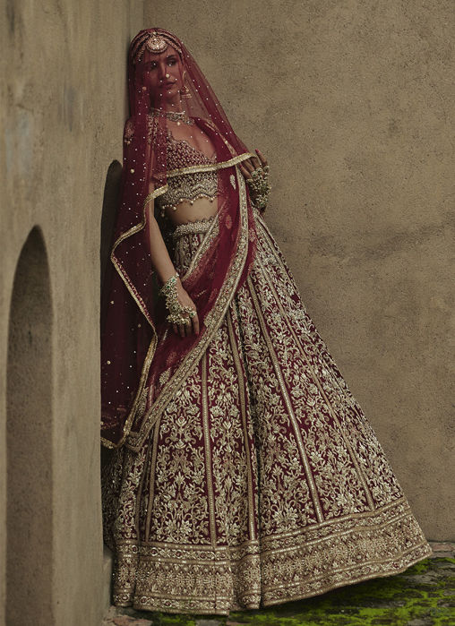 Picture of MAROON VELVET LEHENGA CHOLI SET