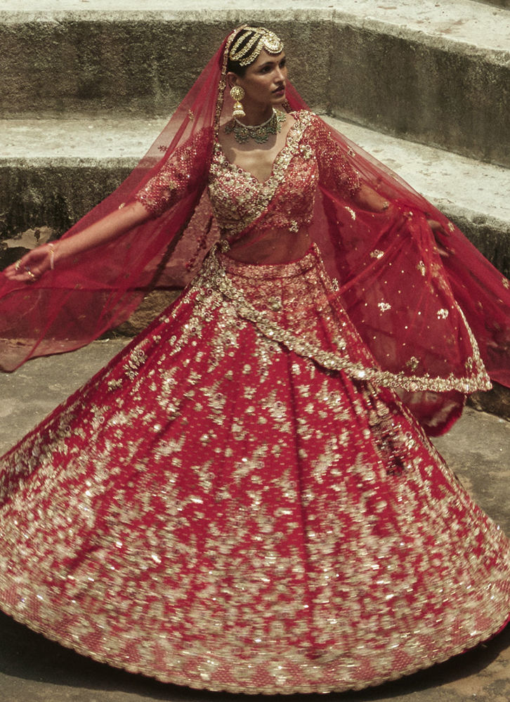 Picture of CRIMSON RED RAW SILK LEHENGA CHOLI SET