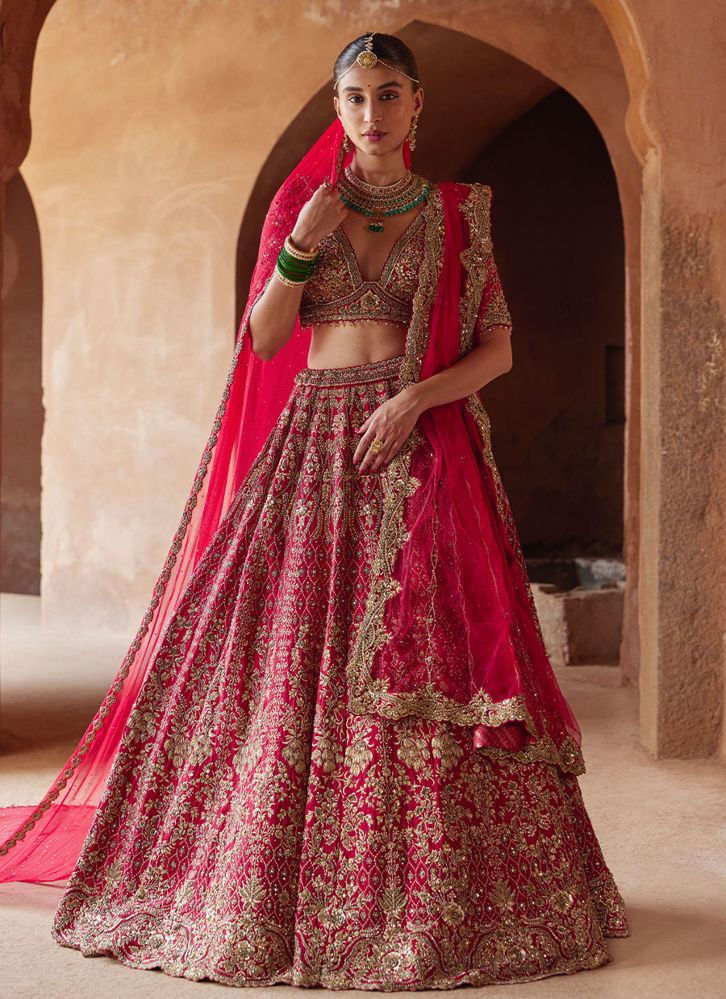Picture of BLOOD RED RAW SILK LEHENGA CHOLI