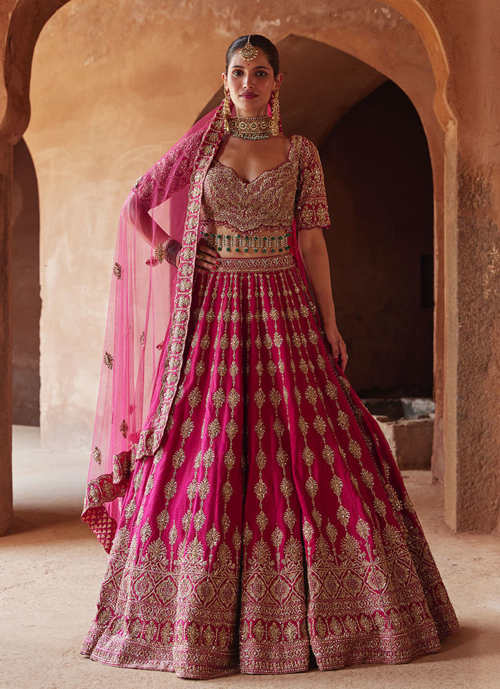 Picture of FUSCHIA RED RAW SILK LEHENGA CHOLI SET