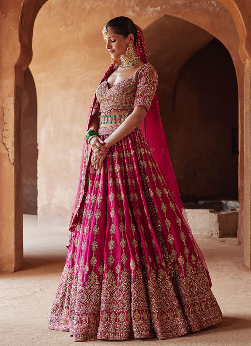 FUSCHIA RED RAW SILK LEHENGA CHOLI SET