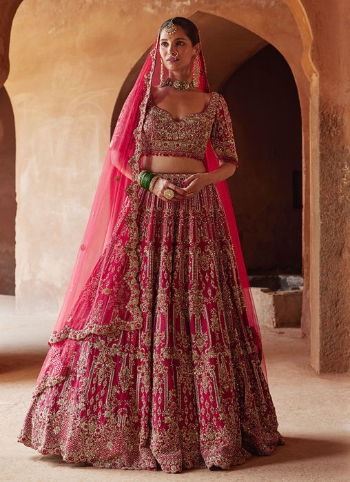 Picture of BLOOD RED RAW SILK LEHENGA CHOLI SET