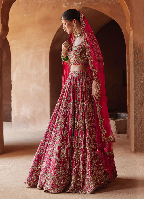 BLOOD RED RAW SILK LEHENGA CHOLI SET