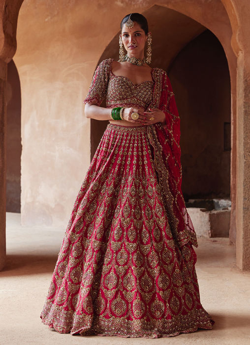 Picture of DEEP RED RAW SILK LEHENGA CHOLI SET
