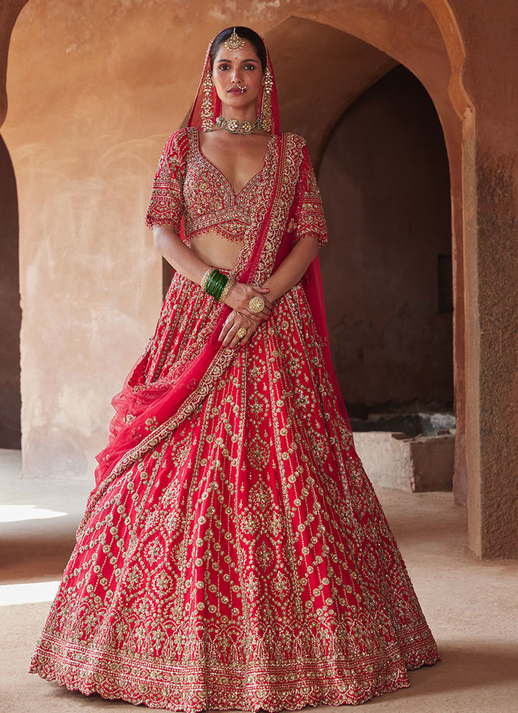 Picture of VIBRANT RED RAW SILK LEHENGA CHOLI SET