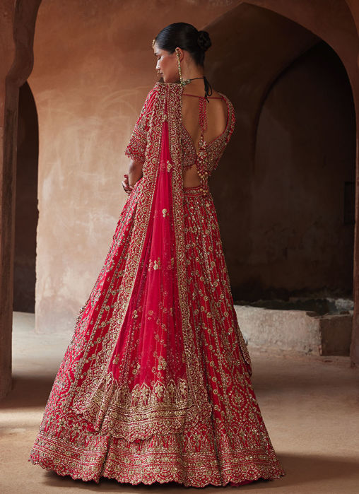 VIBRANT RED RAW SILK LEHENGA CHOLI SET