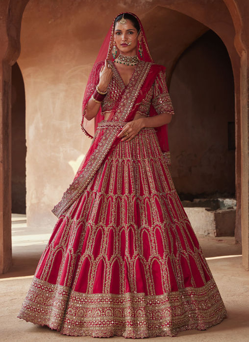 Picture of BLOOD RED ZARDOZI WORK RAW SILK LEHENGA CHOLI