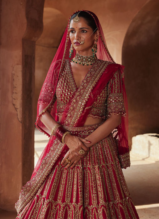 BLOOD RED ZARDOZI WORK RAW SILK LEHENGA CHOLI