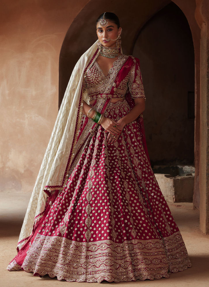 Picture of MAROON ZARDOZI WORK RAW SILK LEHENGA CHOLI