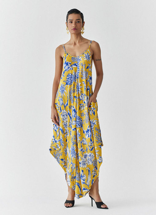 YELLOW PINEAPPLE STRAPPY JUMPSUIT WITH CAPE