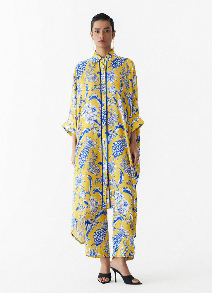Picture of YELLOW PINEAPPLE FRONT BUTTON KIMONO AND PANTS CO-ORD