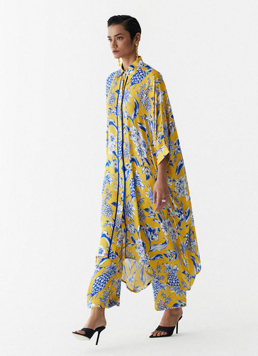 YELLOW PINEAPPLE FRONT BUTTON KIMONO AND PANTS CO-ORD