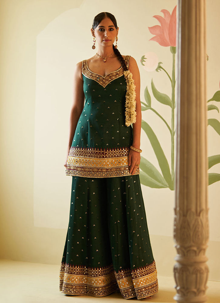 Picture of GREEN SATIN SHARARA SET