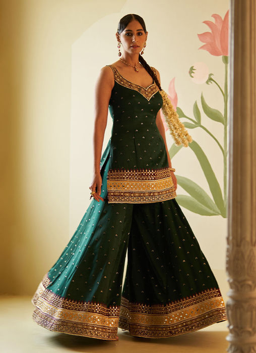 GREEN SATIN SHARARA SET