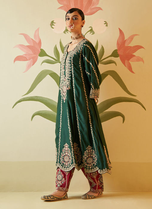 GREEN CHANDERI SILK CHOGA SET