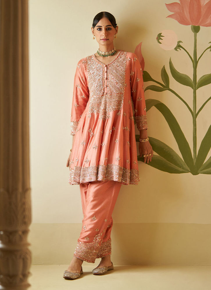 Picture of SALMON CHANDERI SILK ANARKALI SET