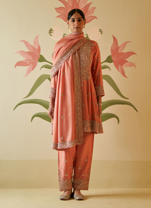 SALMON CHANDERI SILK ANARKALI SET