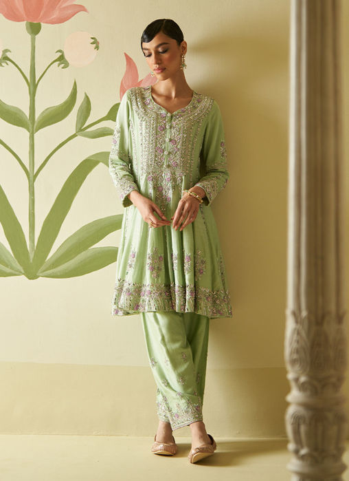 MINT GREEN CHANDERI SILK ANARKALI SET