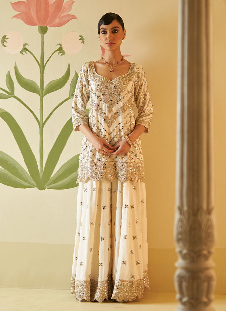 Picture of IVORY MIRRORWORK SILK SHARARA SET