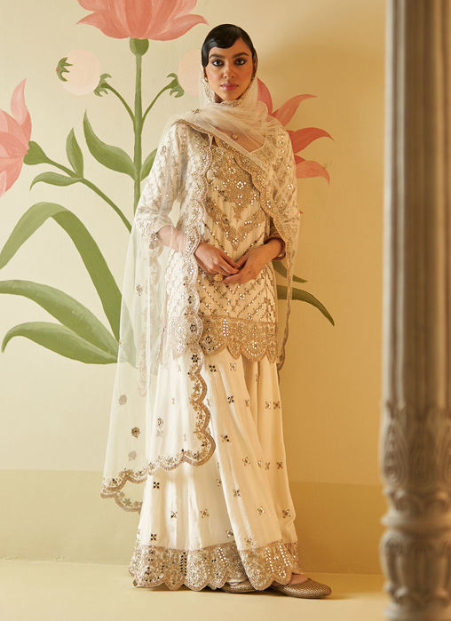 IVORY MIRRORWORK SILK SHARARA SET
