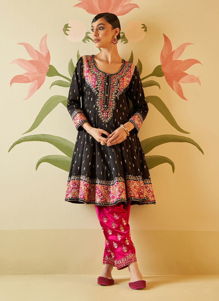 Picture of BLACK SATIN SILK ANARKALI SET