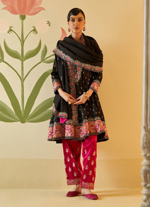 BLACK SATIN SILK ANARKALI SET