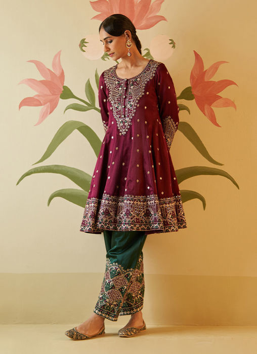 WINE SATIN SILK ANARKALI SET